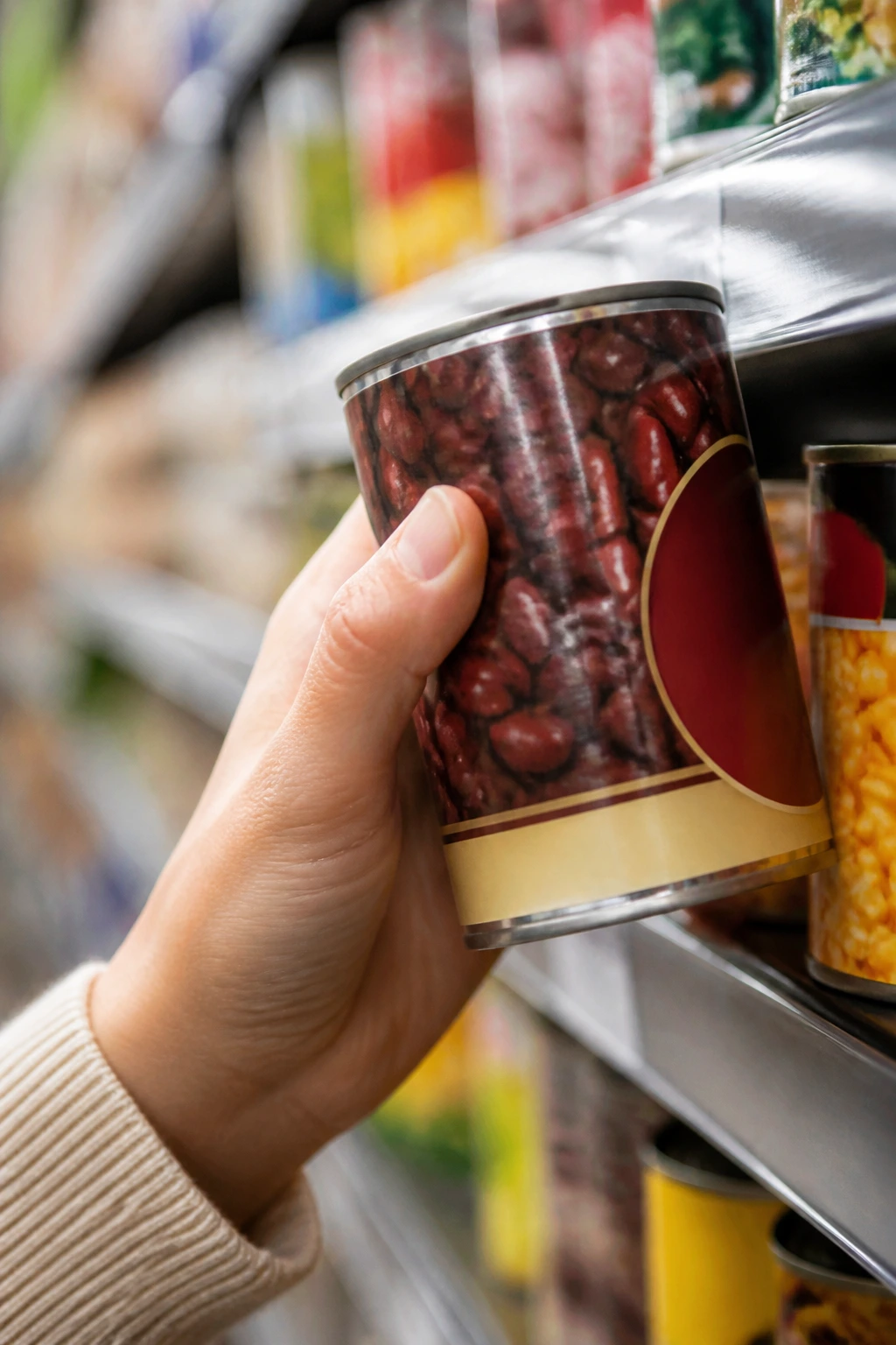 Hand selecting canned beans in a grocery store aisle
