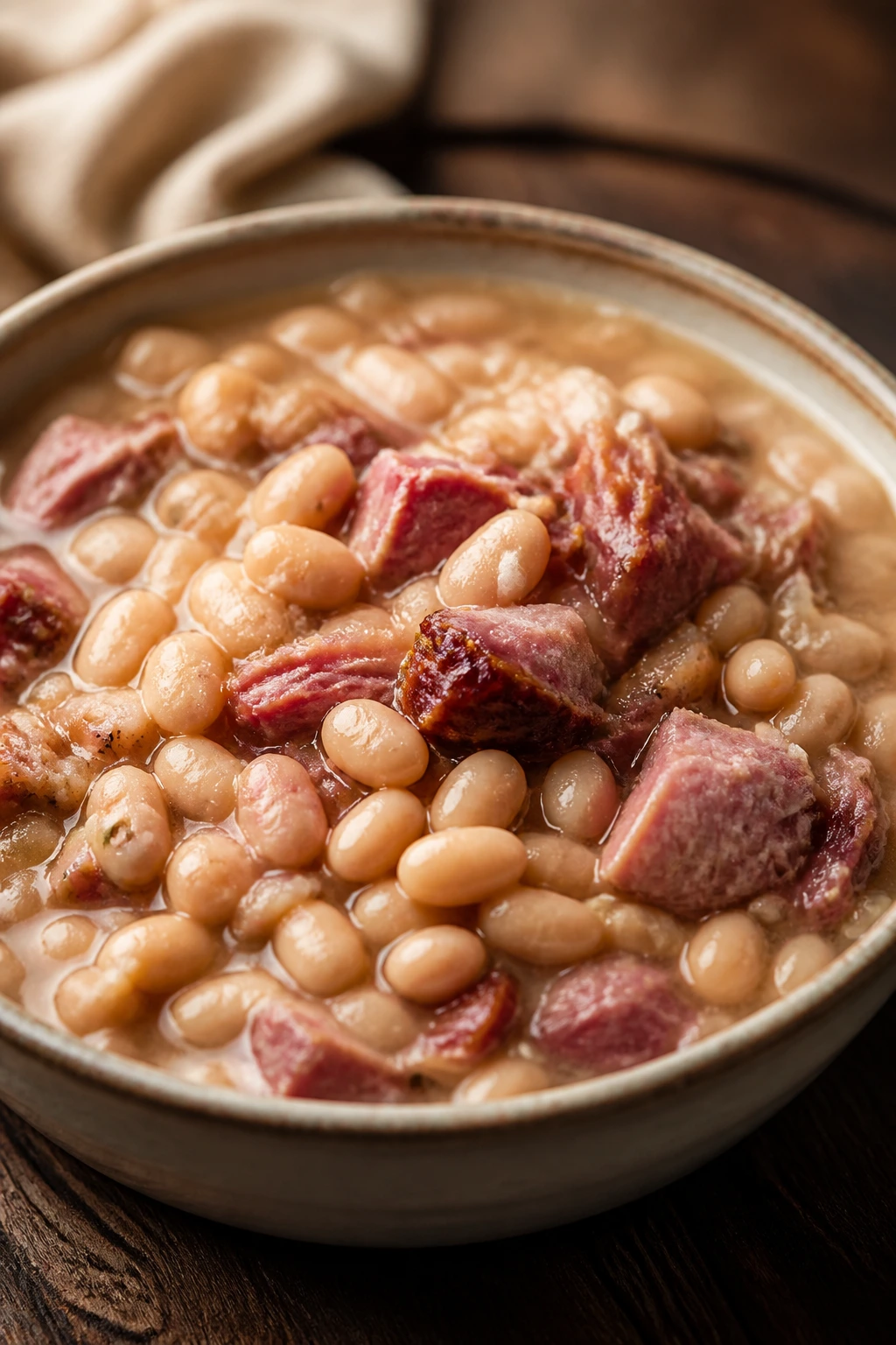 Steaming bowl of creamy white beans with ham hocks in rich broth on a rustic table