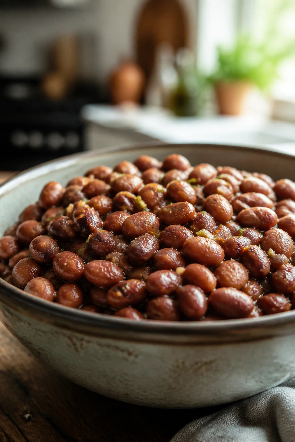 Bowl of cooked beans in a cozy kitchen