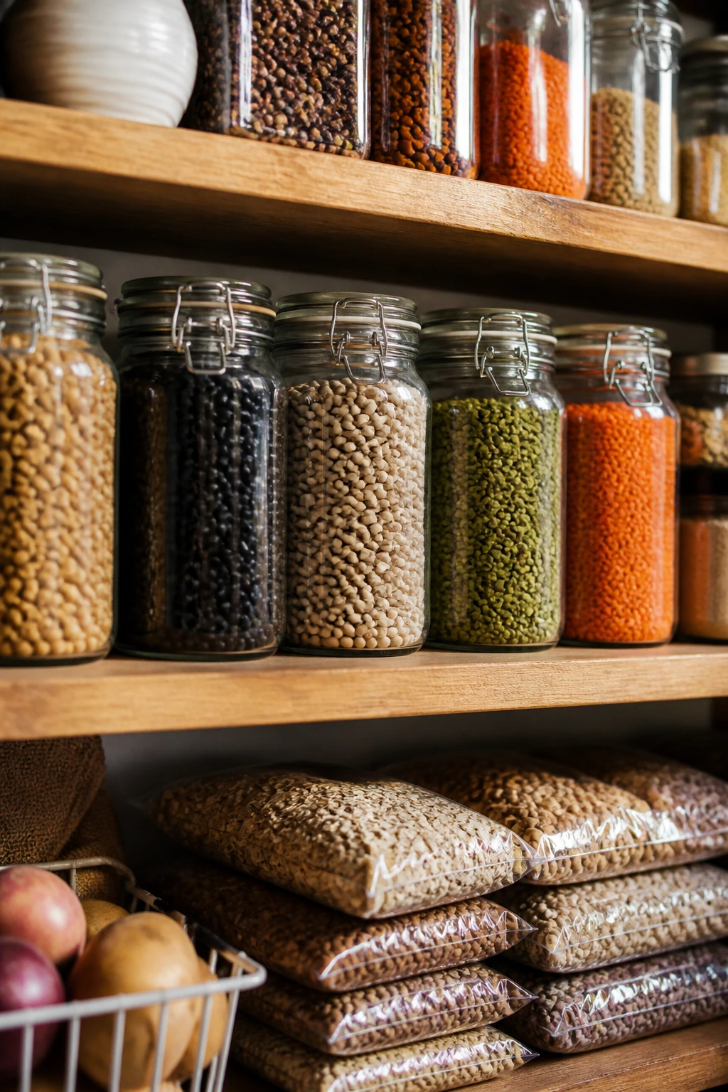 Organized pantry with beans, lentils, and grains