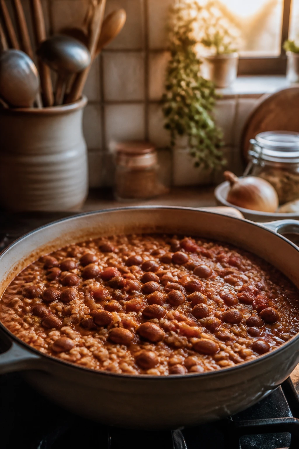 Pot of beans and rice simmering on the stove, symbolizing budget-friendly meals.
