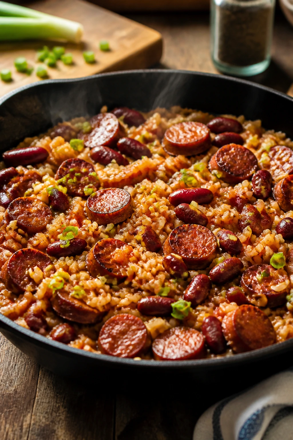Steaming skillet of red beans and rice on a kitchen counter