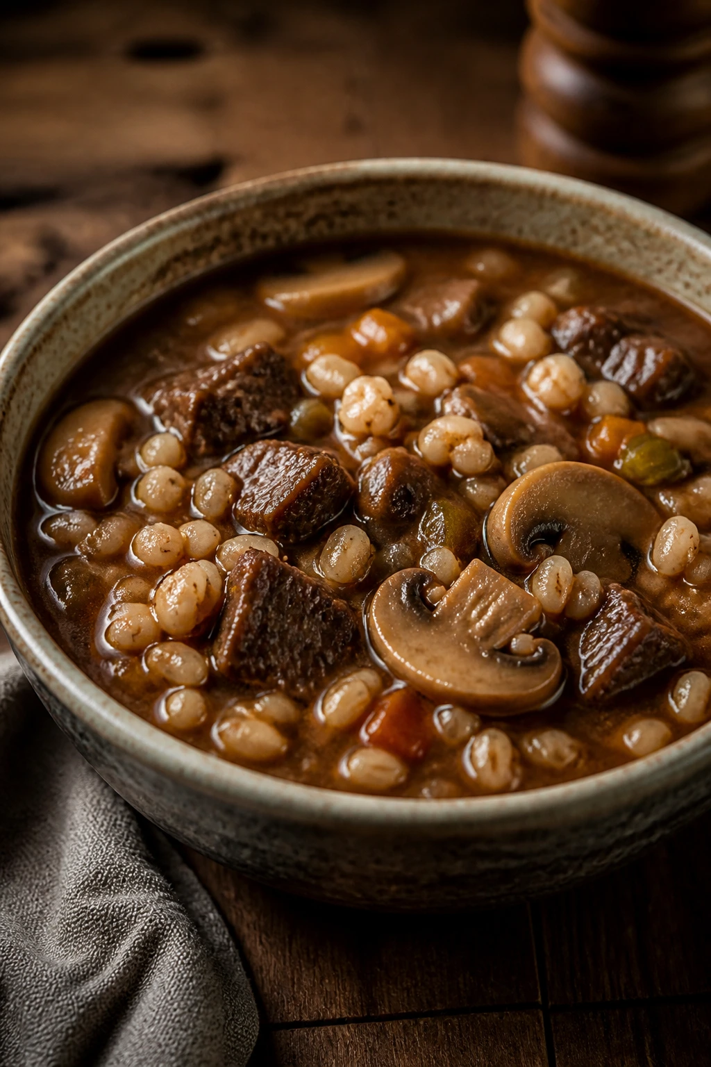 Beef barley soup with mushrooms in a rustic bowl
