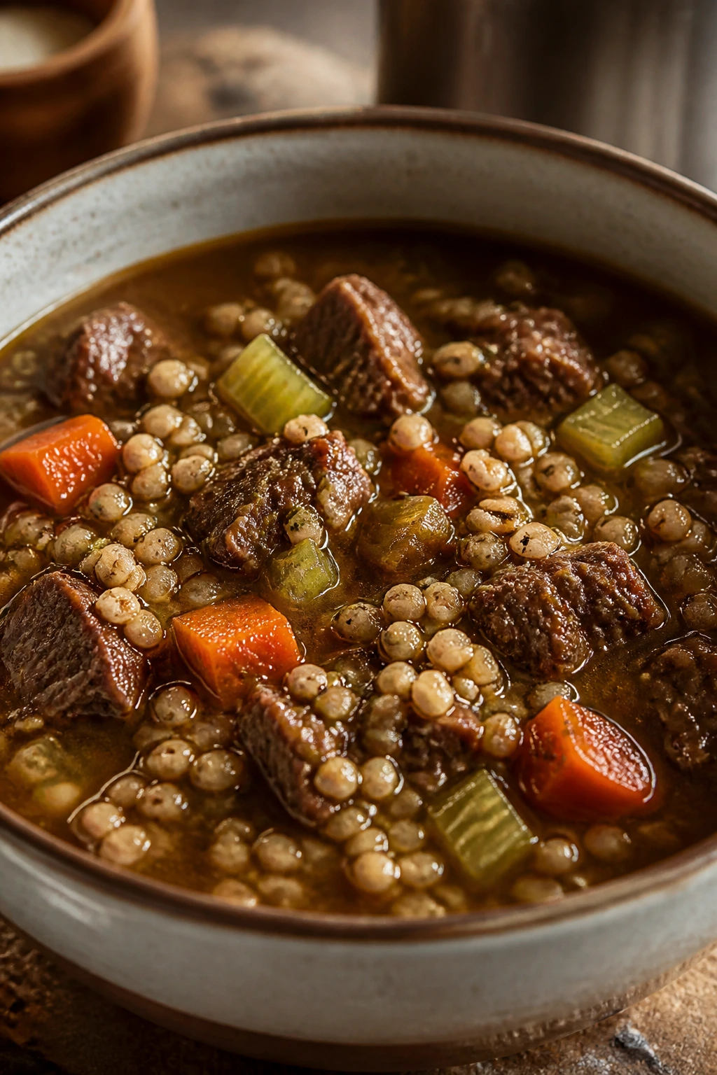 Close-up of Beef and Barley Soup in a bowl with beef pieces and barley