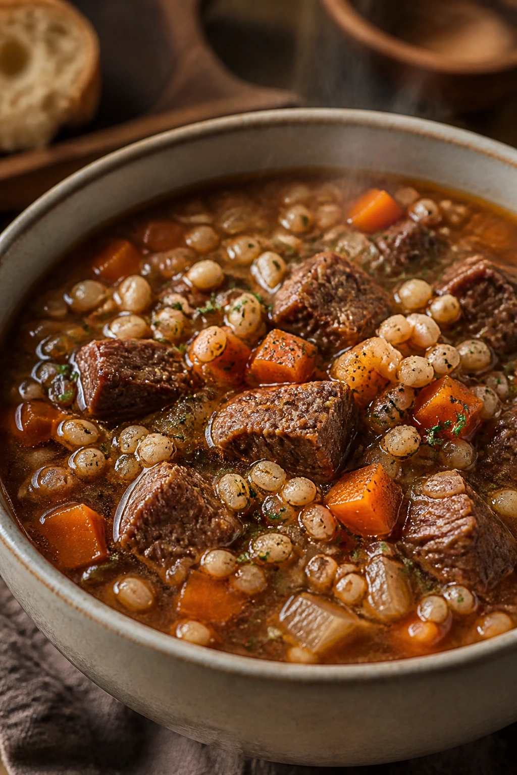 Beef chuck and barley soup with tender beef and hearty barley in a rich broth.