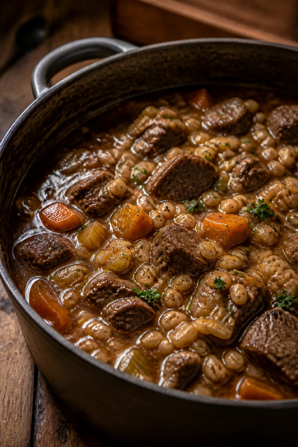 Beef and barley stew in a rustic pot with beef chunks and barley