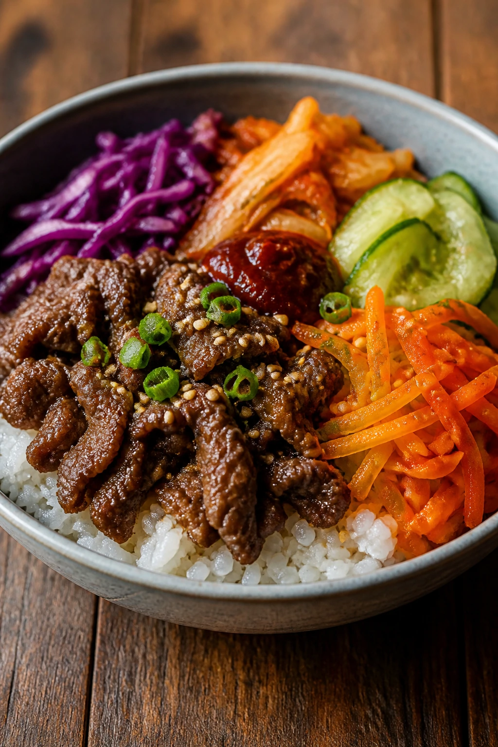 Layered beef bowl showing separate sections for rice, beef, and vegetables