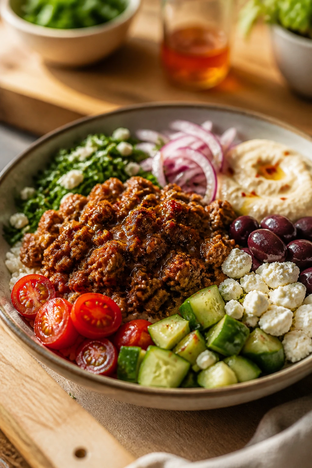Mediterranean-style beef bowl with varied toppings
