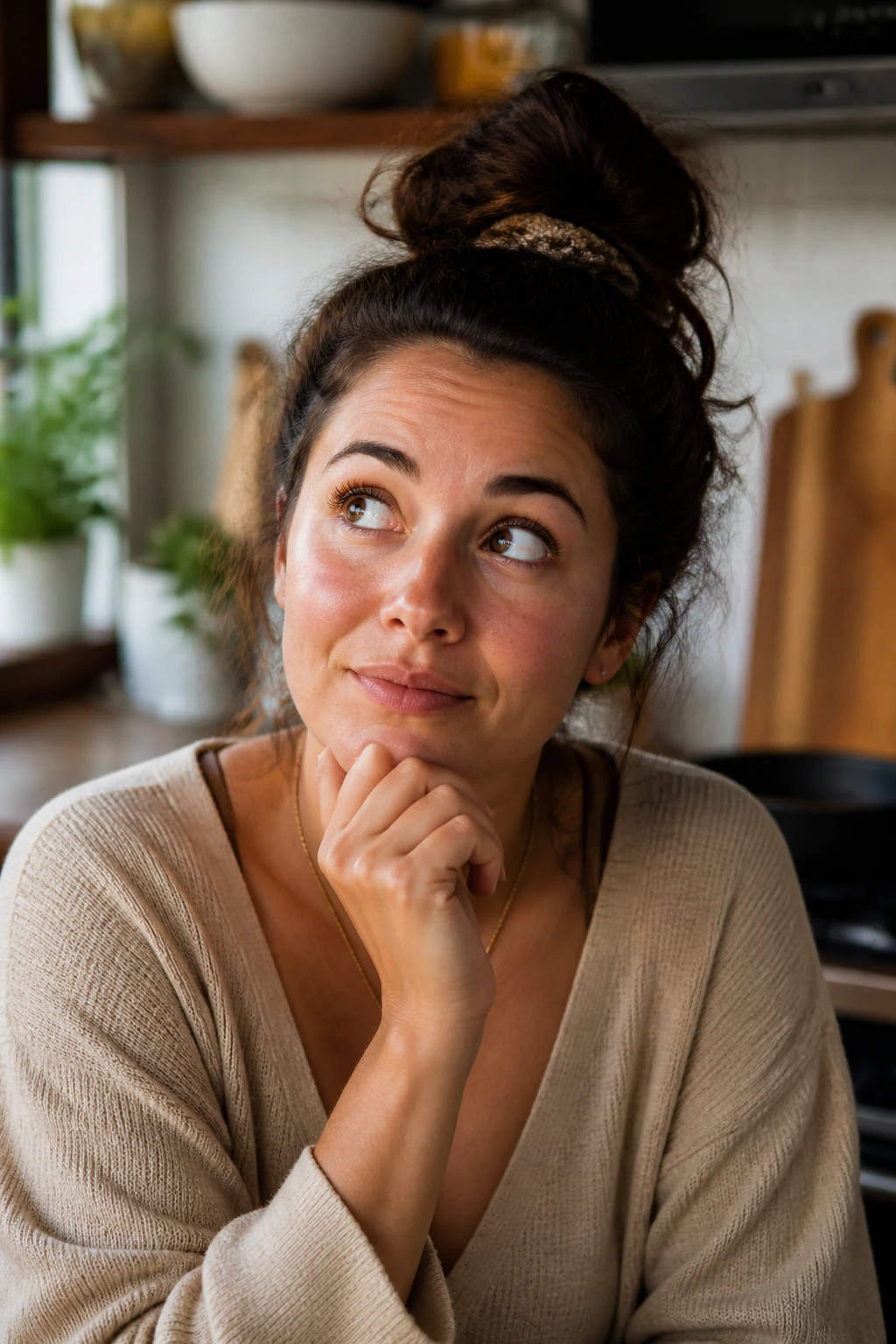 Portrait of a person in a kitchen pondering hot honey beef bowls