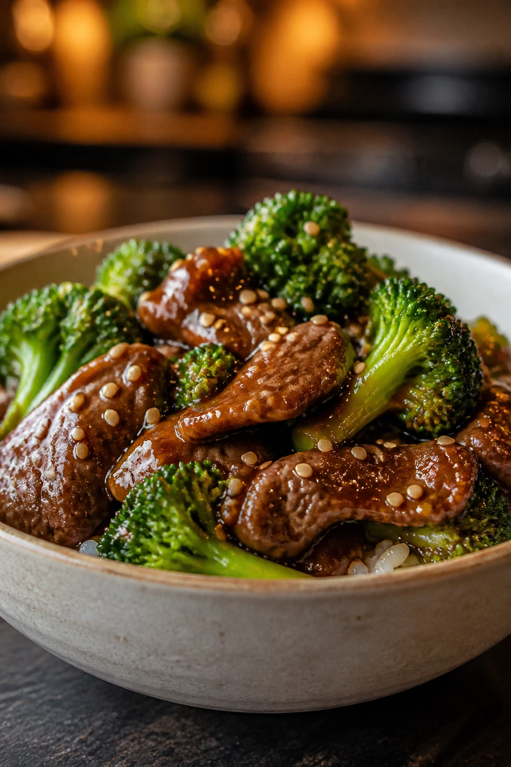 Close-up bowl of beef and broccoli with sesame seeds on top
