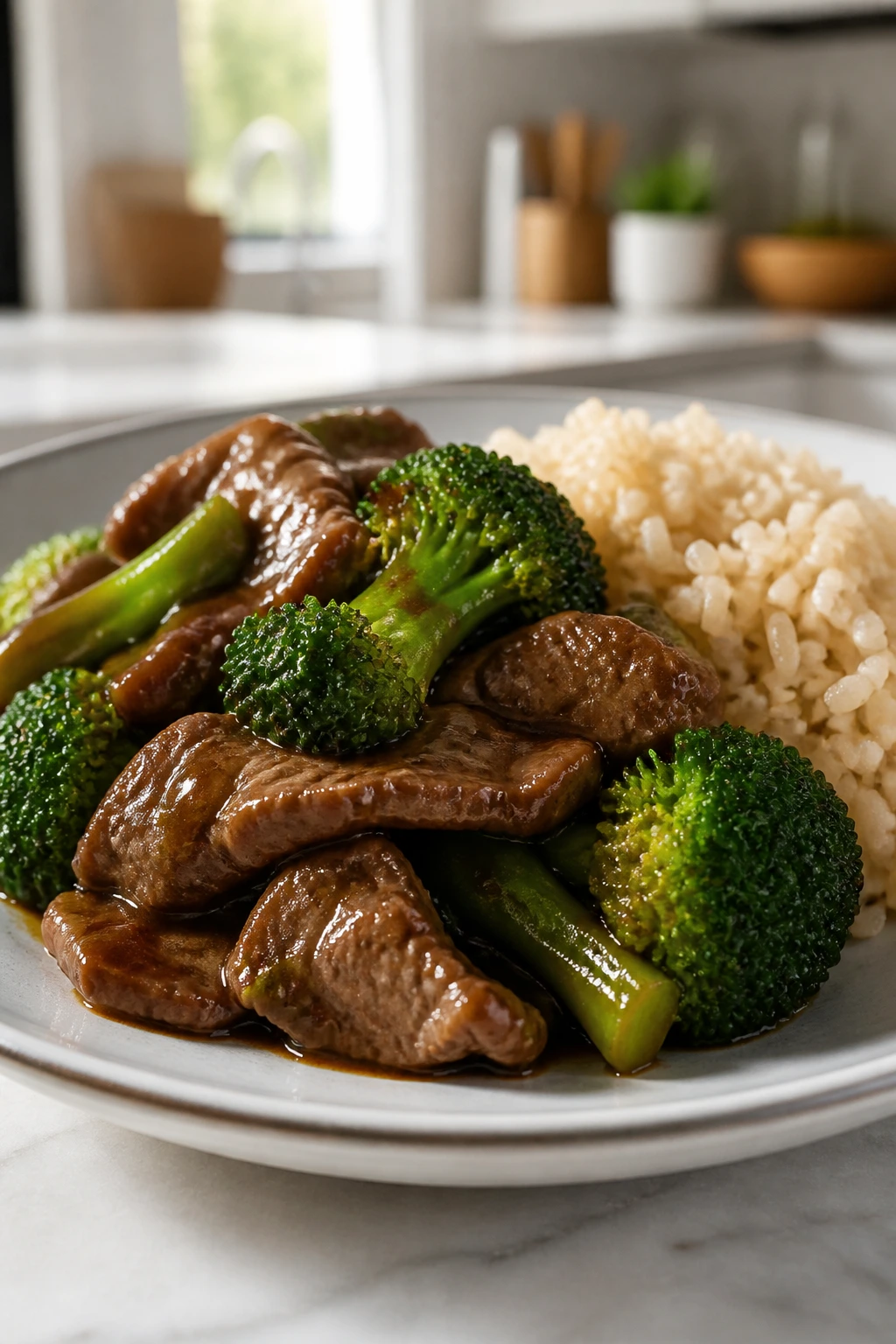 Beef and broccoli with brown rice plated with glossy sauce in a home kitchen setting