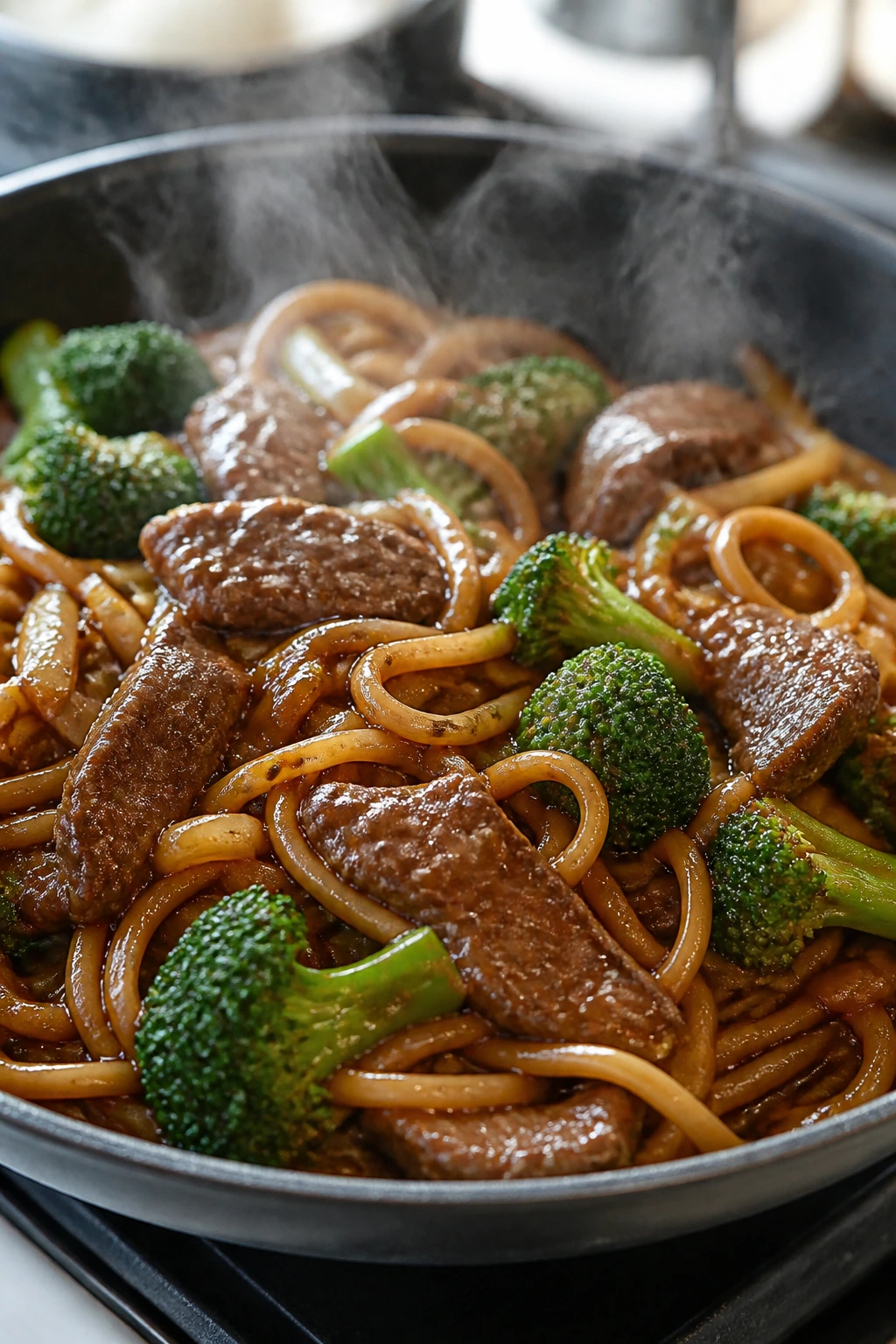 Close-up of beef and broccoli lo mein stir-fry in sauce