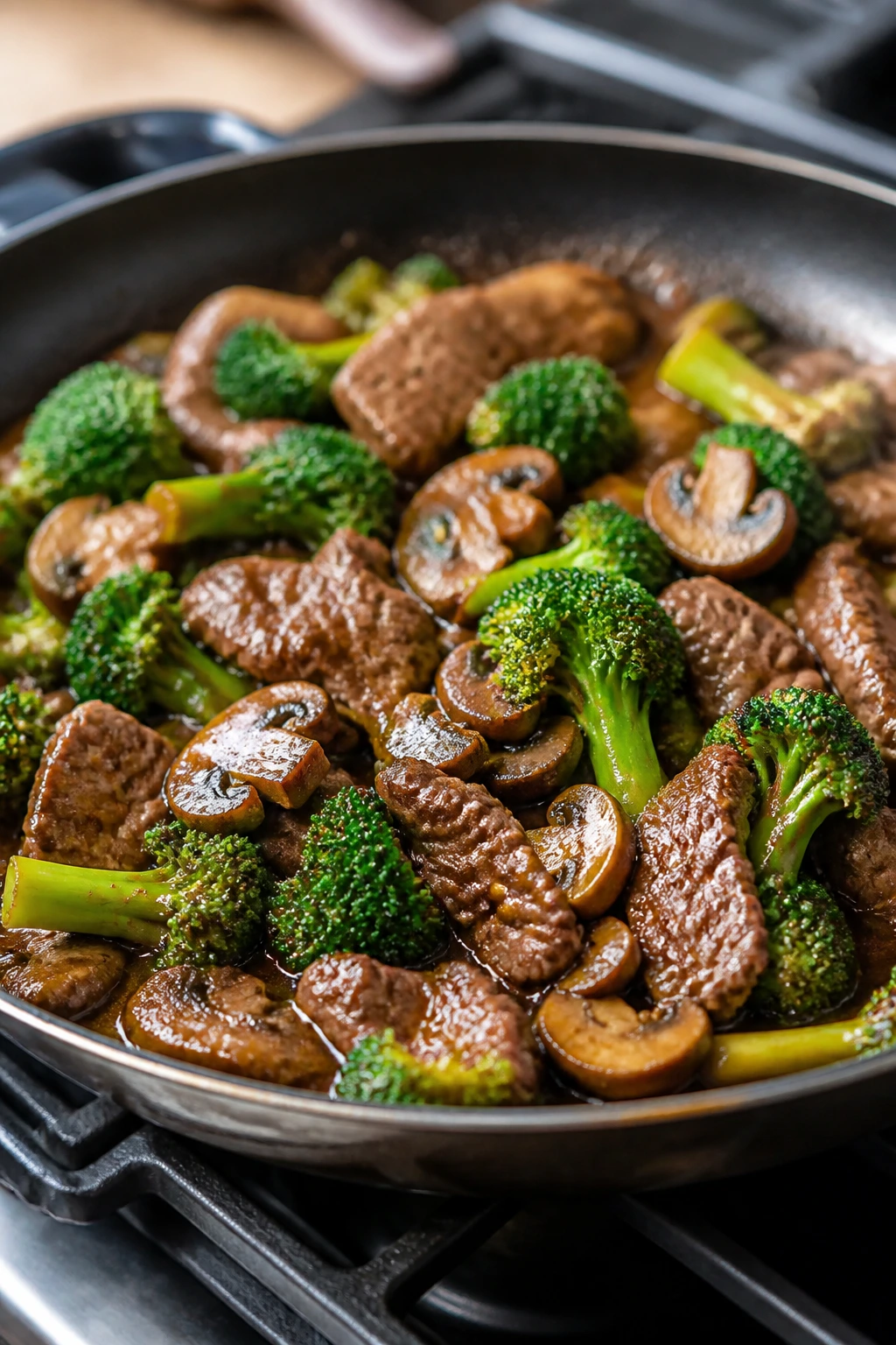 Close-up of beef, broccoli, and mushrooms in stir-fry sauce.