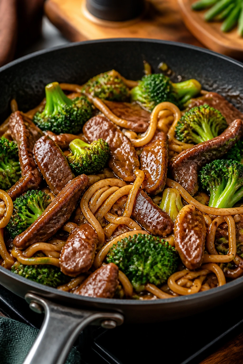 Beef and broccoli noodle skillet with glossy sauce in kitchen