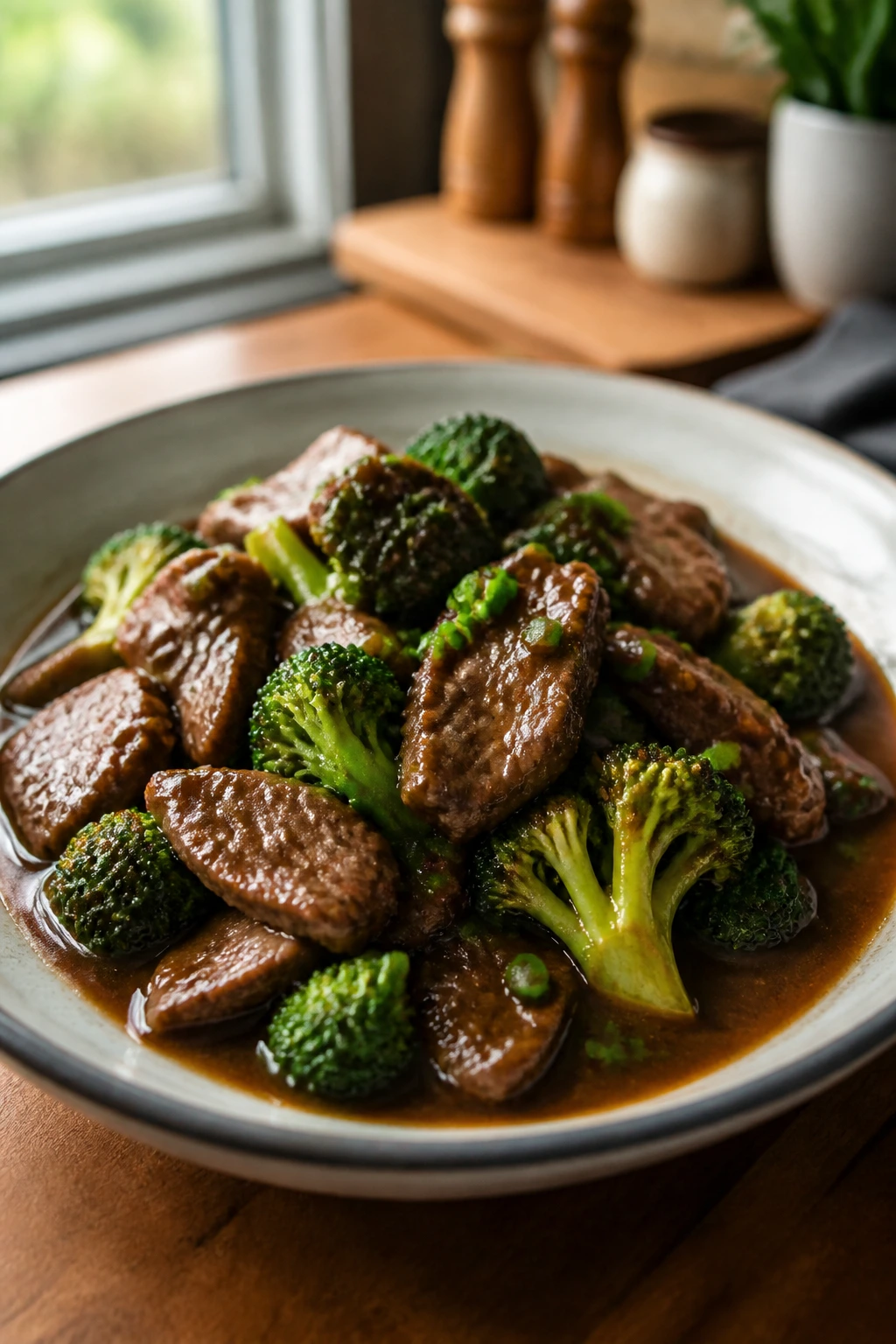 Beef and broccoli plated with sauce in a shallow bowl on a kitchen counter.