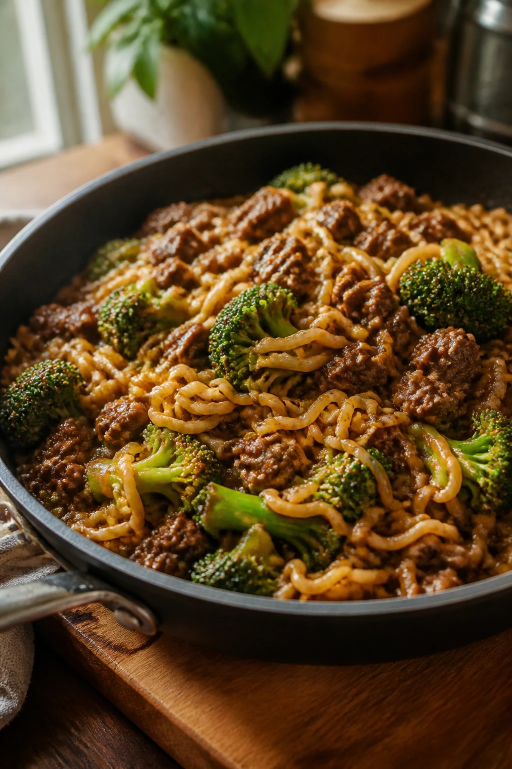 Close-up of beef and broccoli ramen in glossy sauce on wooden kitchen counter