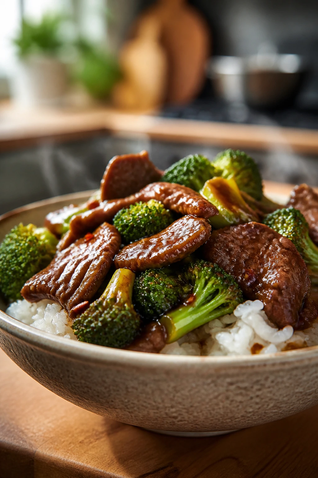 Beef and broccoli rice bowls with glossy sauce over rice