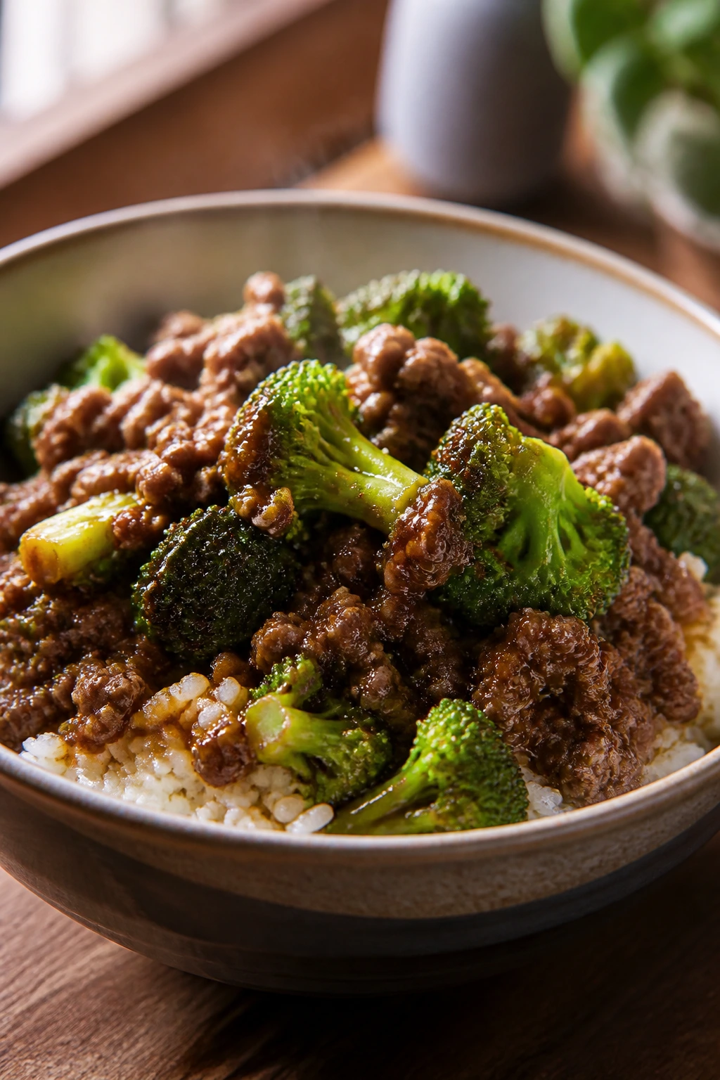 Close-up of beef and broccoli rice bowls in a glossy sauce, bowl dominating frame