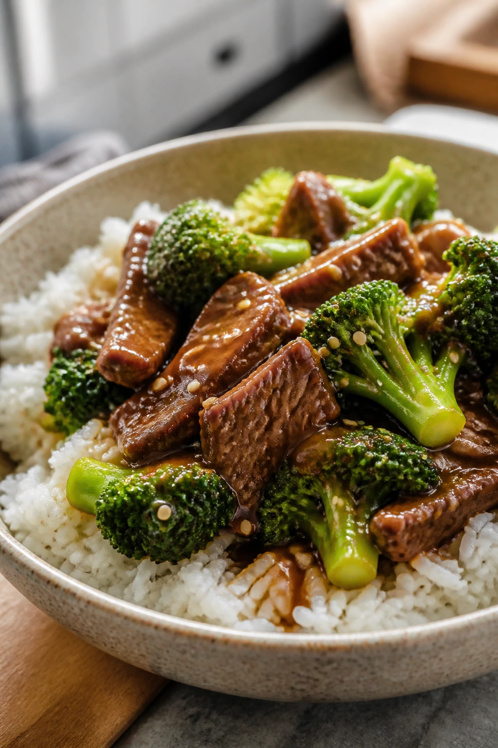 Close-up of beef and broccoli over rice in a bowl.