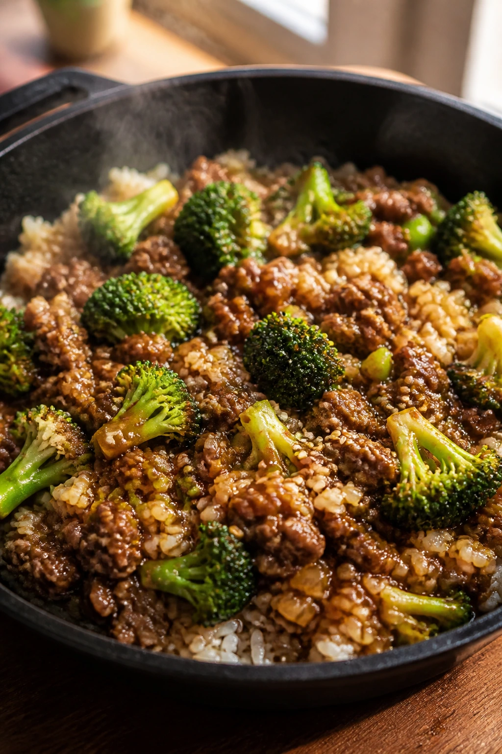 Close-up of beef and broccoli rice skillet with glossy sauce