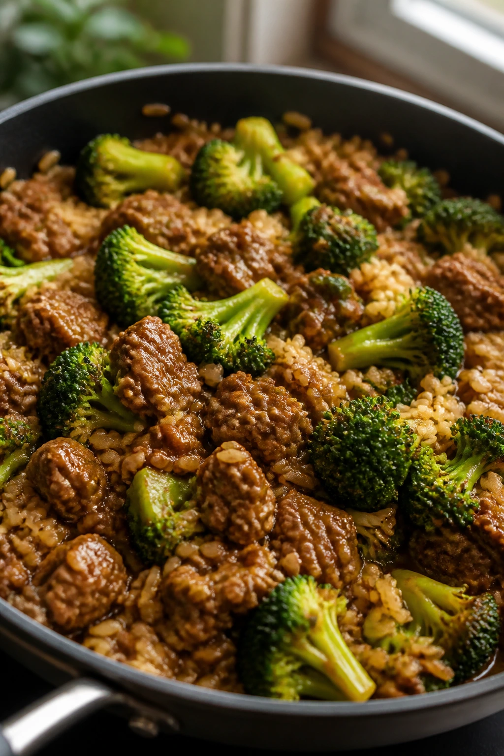 Beef, broccoli, and rice skillet with soy glaze