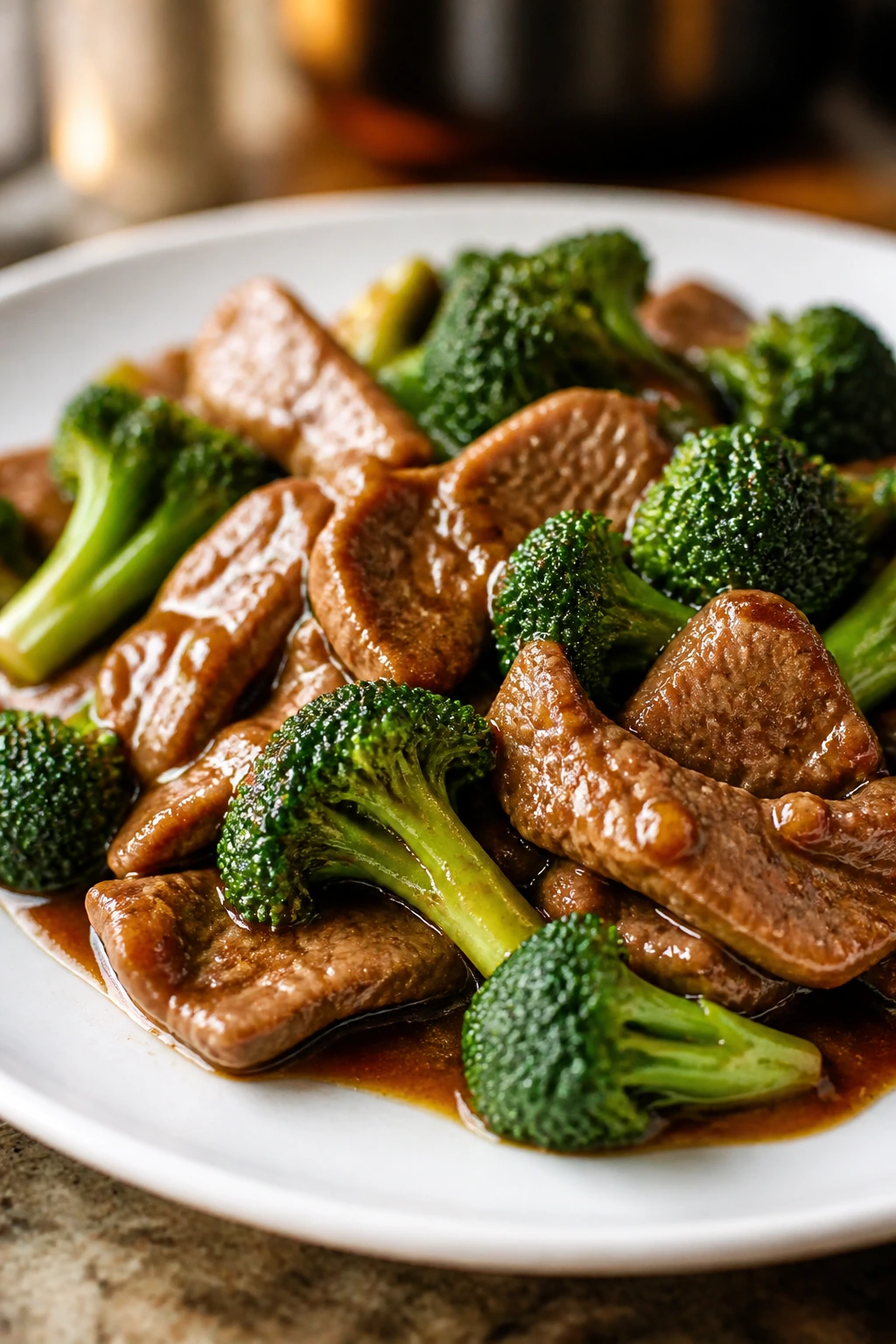 Beef and broccoli with glossy sauce on white plate