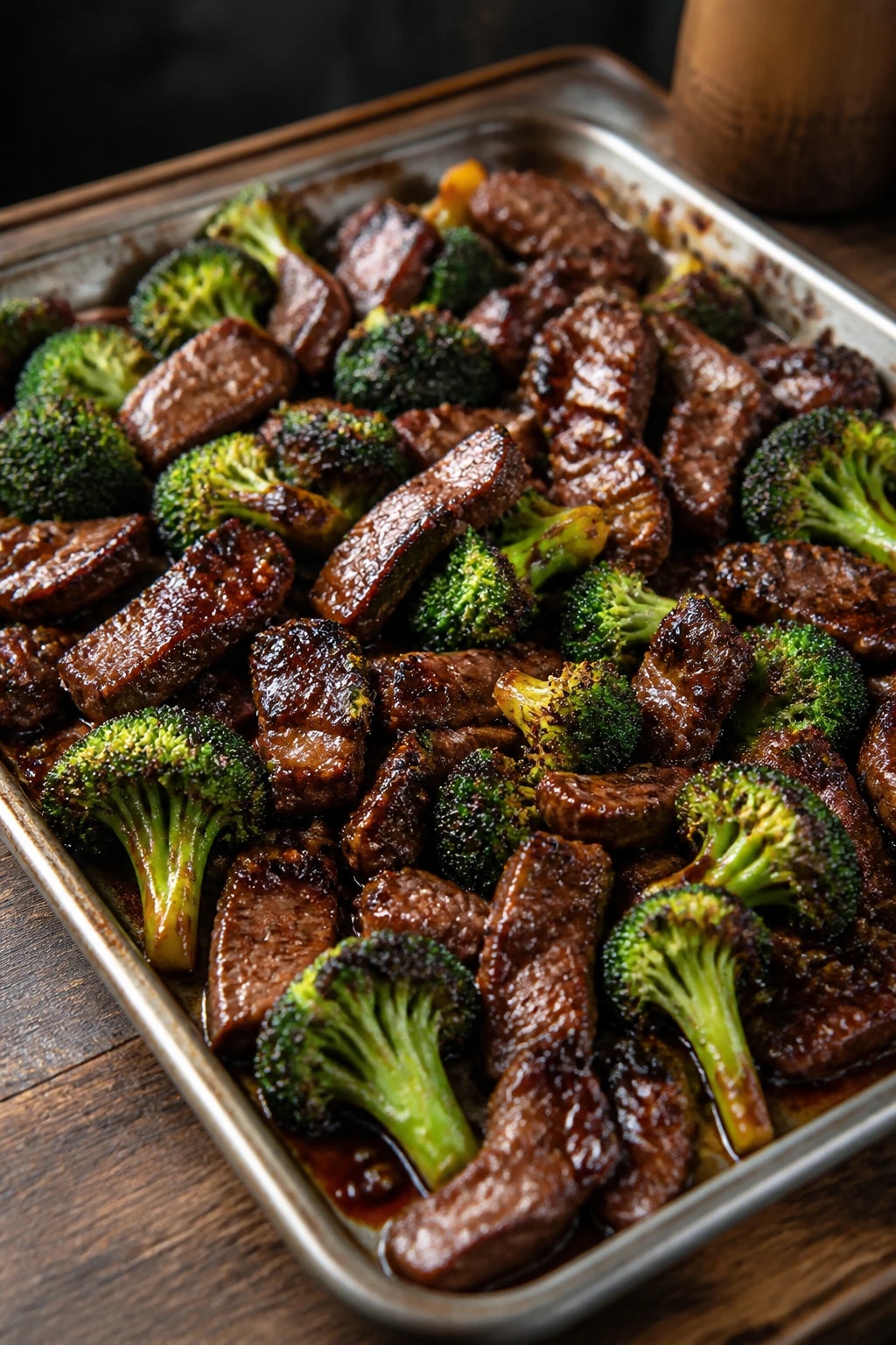 Close-up of sheet pan beef and broccoli with sticky glaze