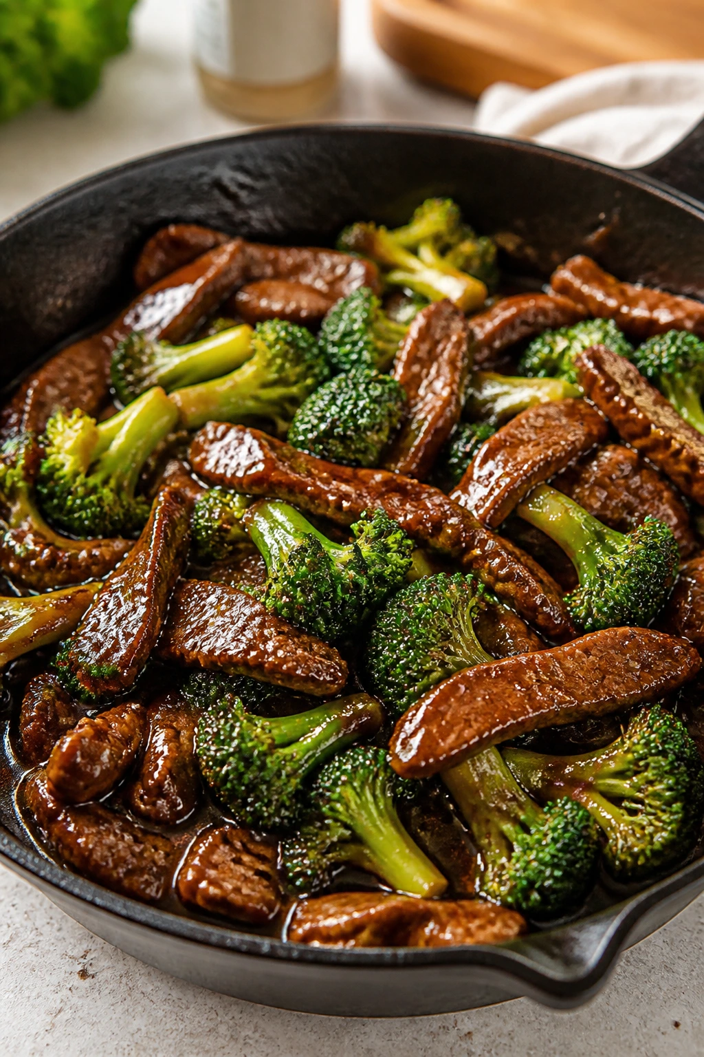 Beef and broccoli skillet in glossy sauce on stove top