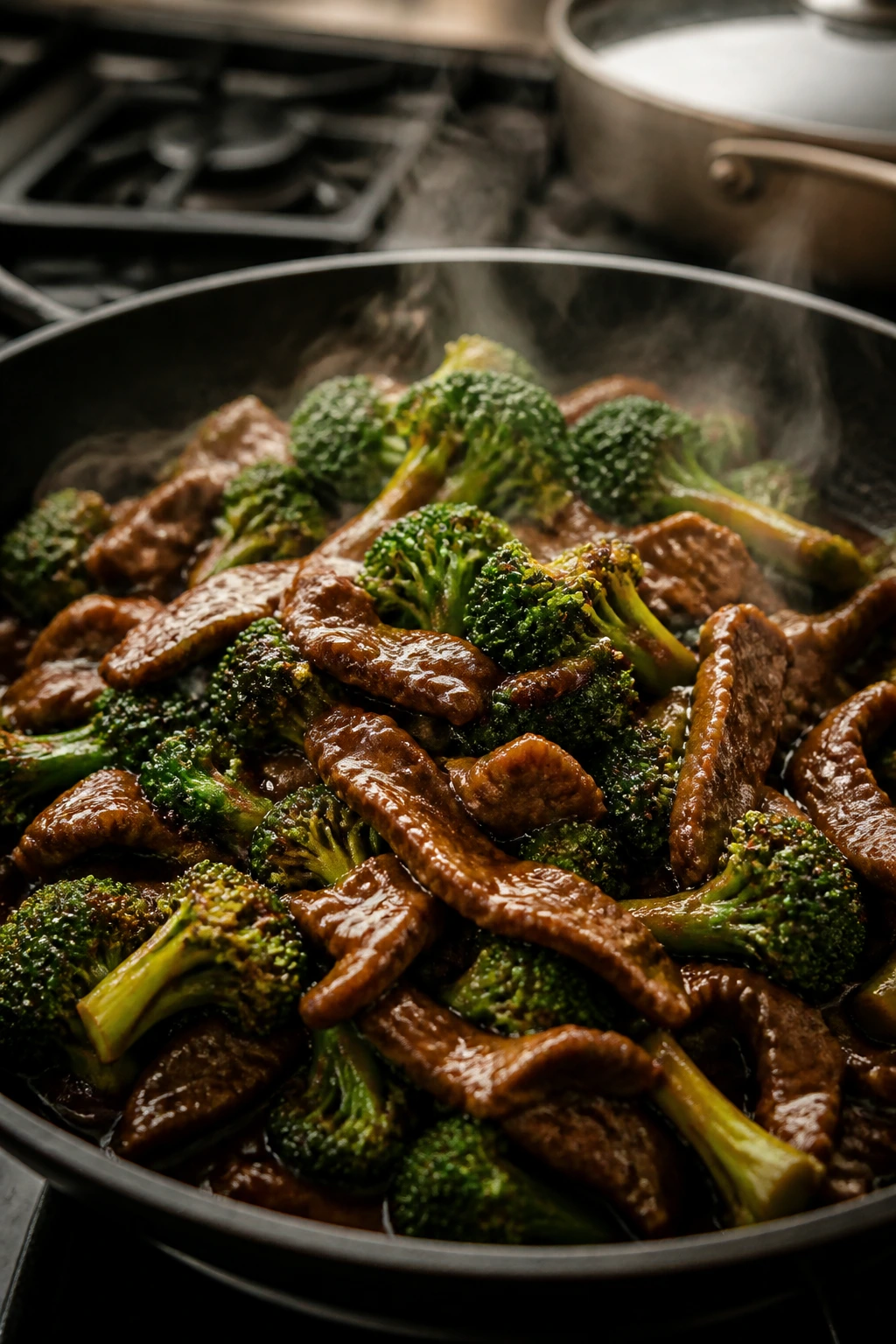 Beef and broccoli stir-fry in a hot skillet with glossy sauce.