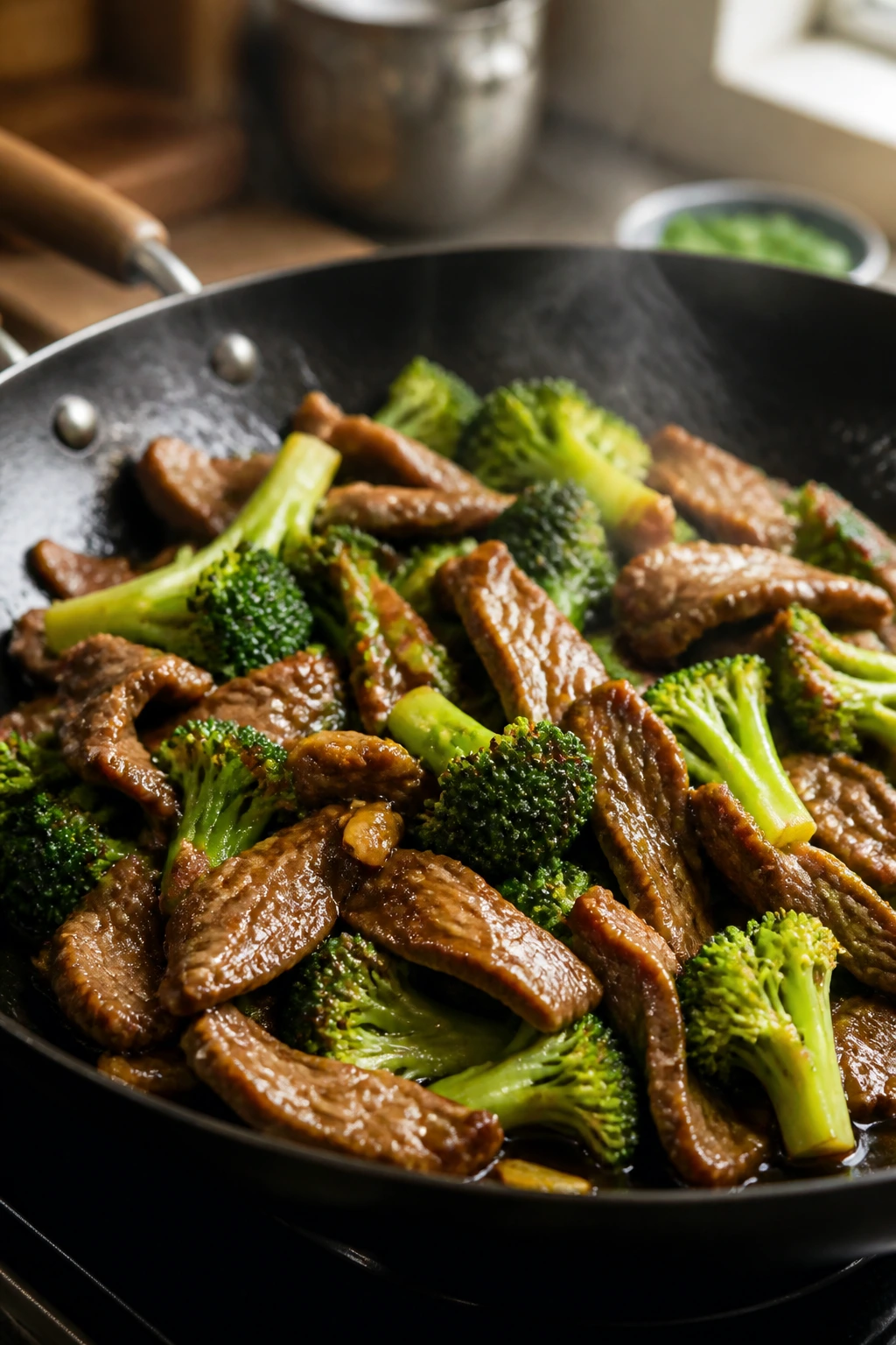 Close-up of beef and broccoli stir-fry in a sizzling pan with glossy sauce