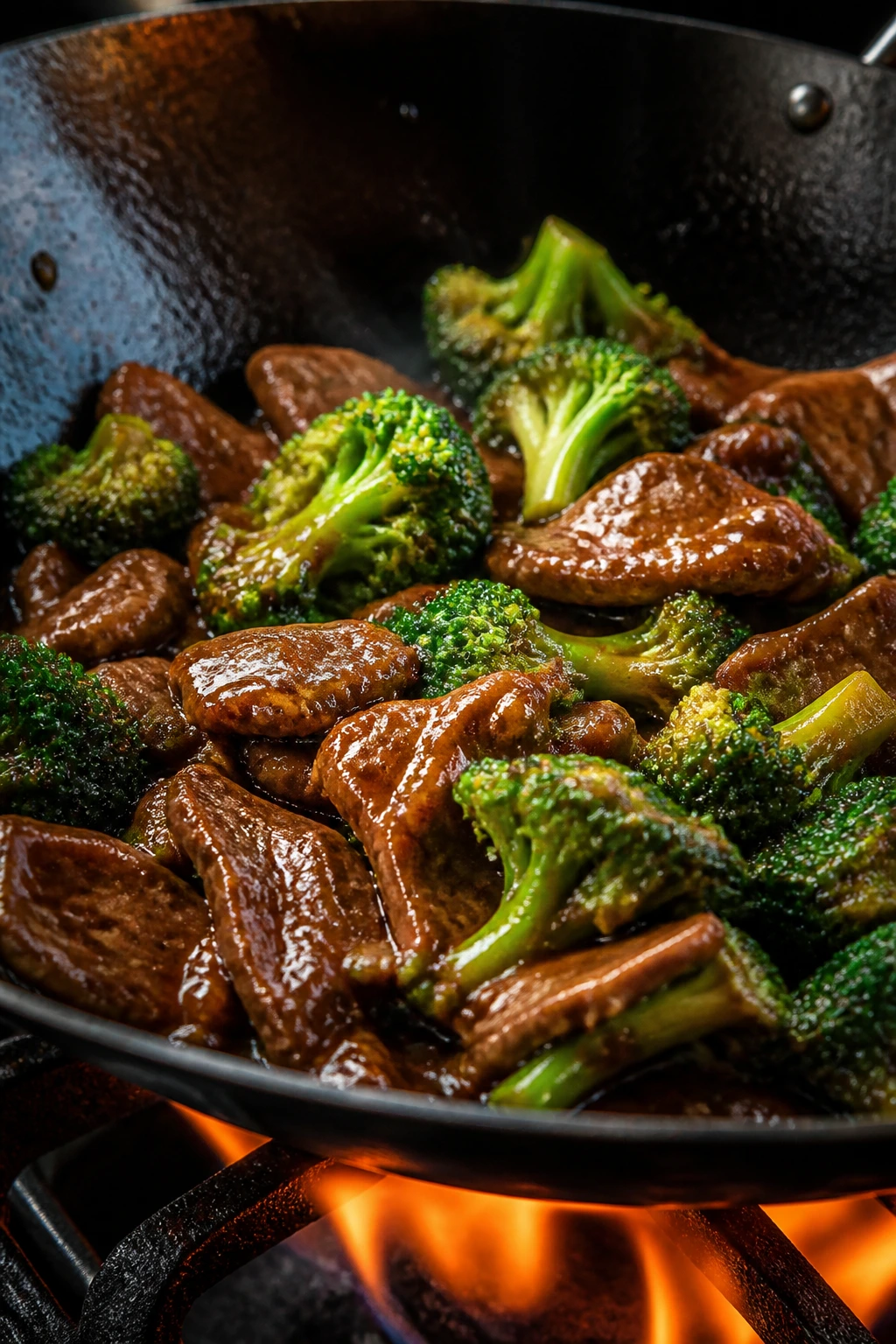 Beef and broccoli stir-fry in a hot wok with glossy sauce