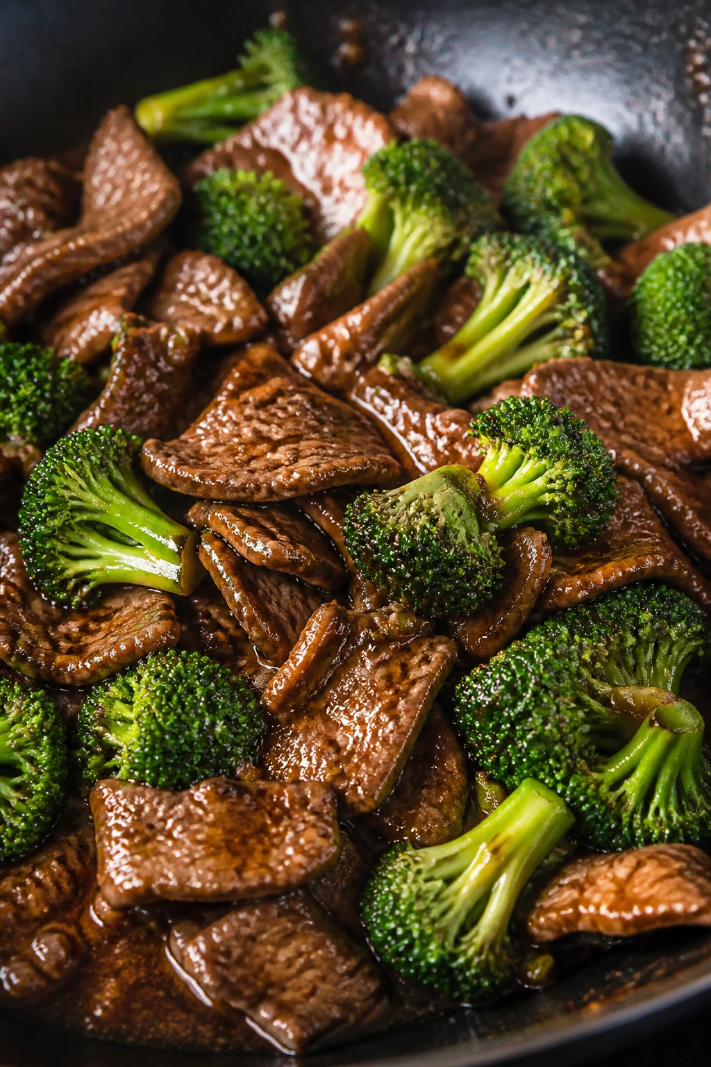 Beef and broccoli stir-fry close-up with glossy sauce and broccoli