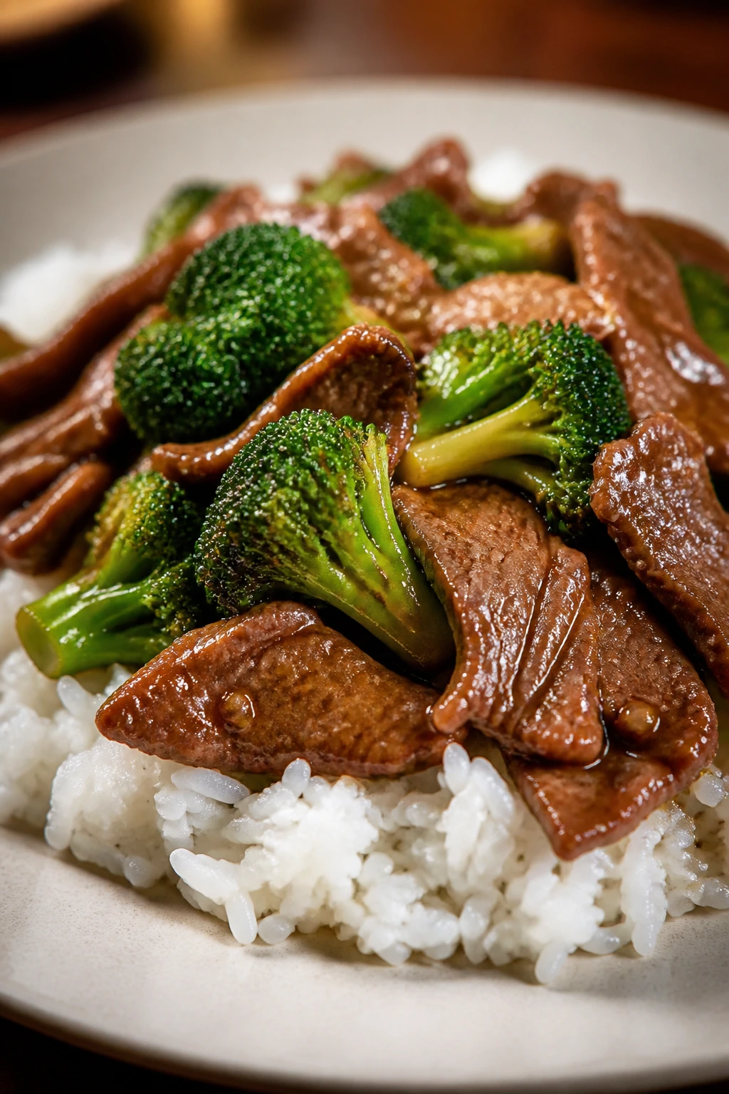 Beef and broccoli stir-fry over microwave rice on plate