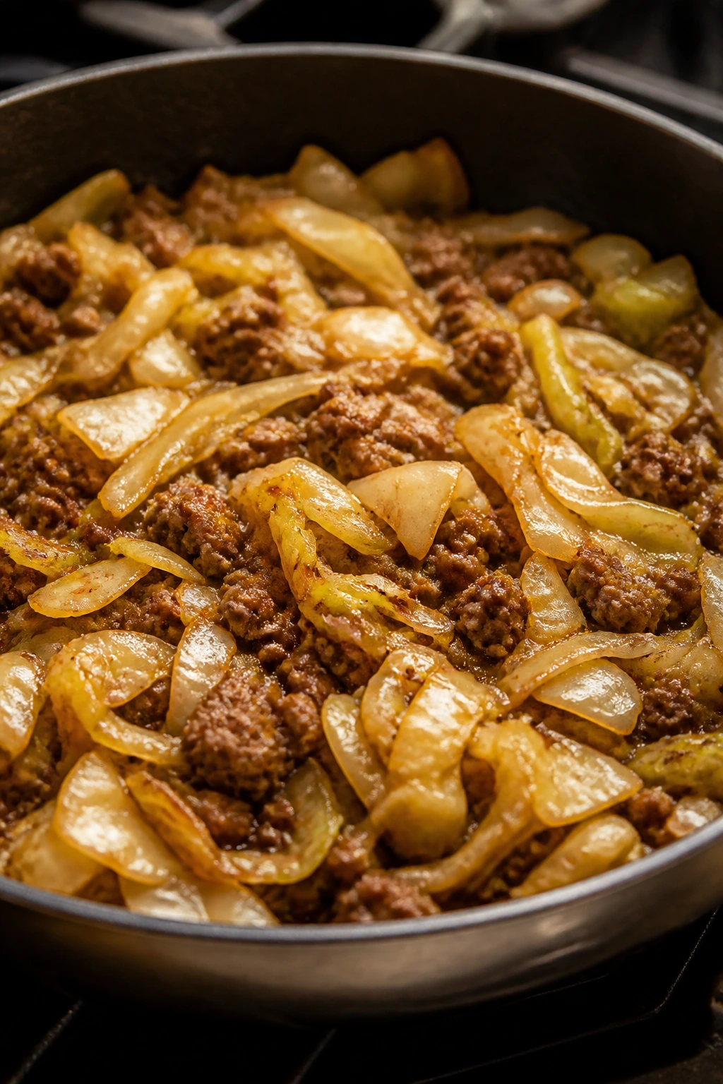 Beef and cabbage skillet shown close-up