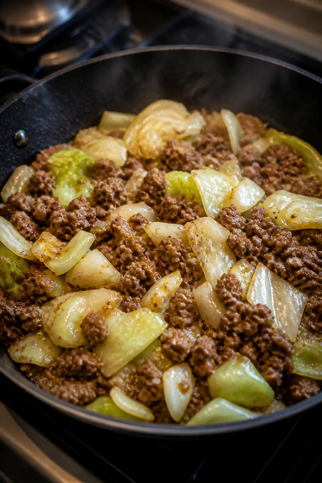 Medium-close view of beef and cabbage in skillet