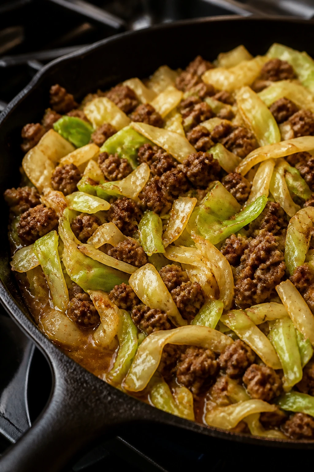 Close-up of beef and cabbage skillet on stove with glossy sauce