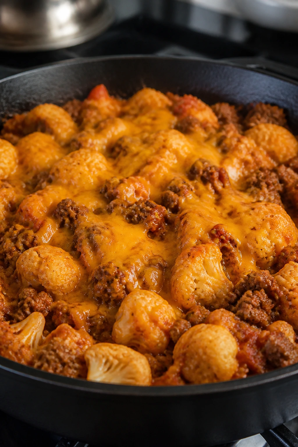 Close-up of Cheesy Ground Beef and Cauliflower Skillet with beef and cauliflower topped with cheddar