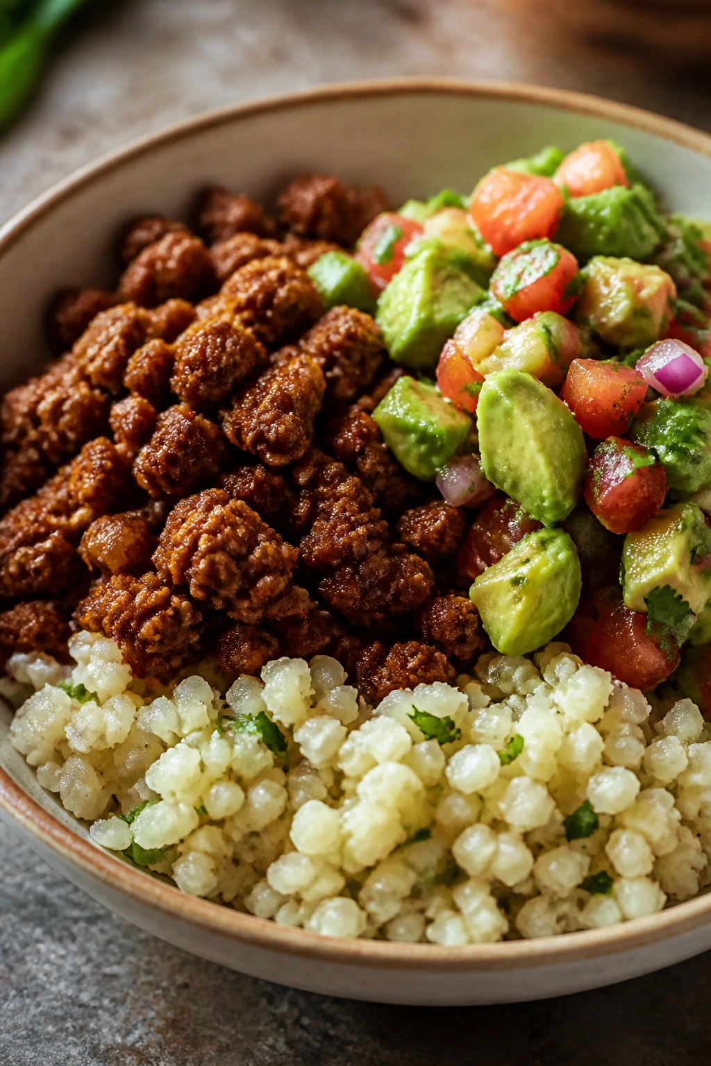 Close-up of beef taco bowl with cauliflower rice and avocado salsa