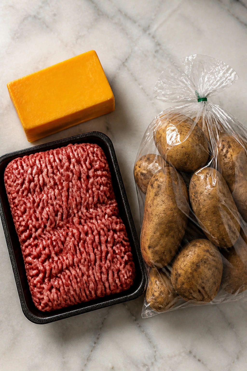 Top-down view of beef, cheese, and potatoes arranged for smart shopping