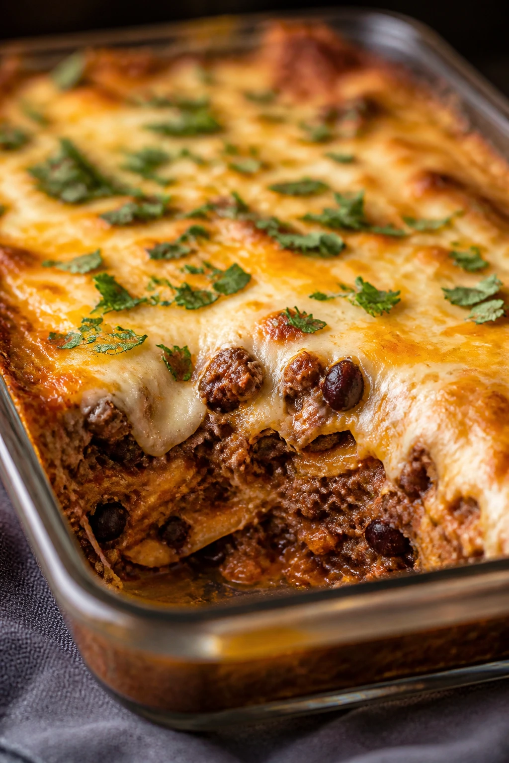 Baked pan of beef and bean quesadilla bake with melted cheese