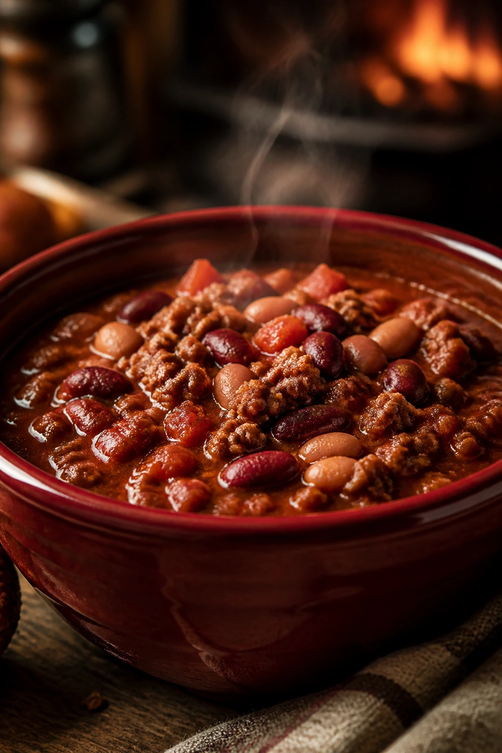 Hearty chili in a bowl with beans