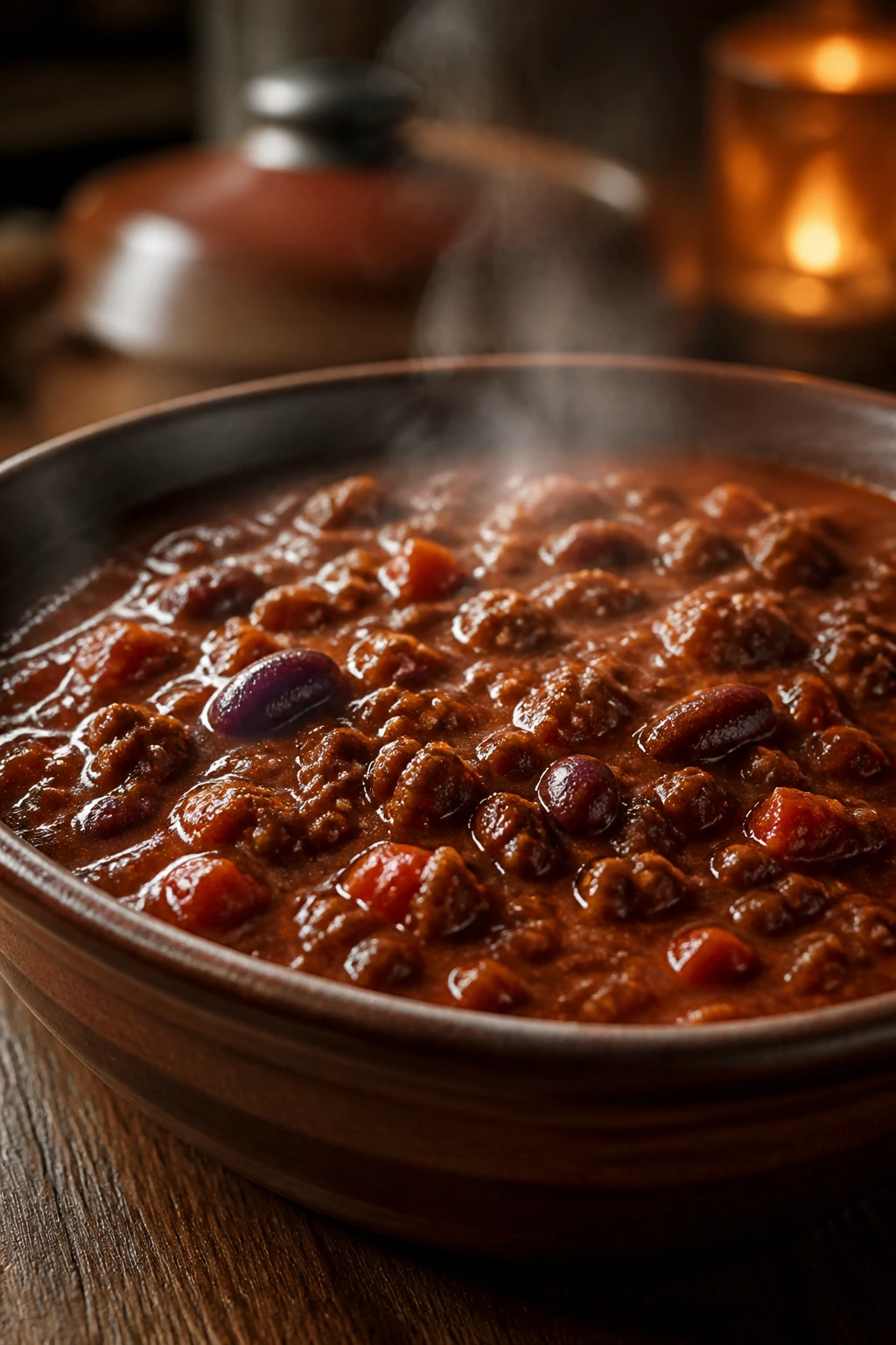Thick beef chili with beans in a deep bowl on a warm kitchen table