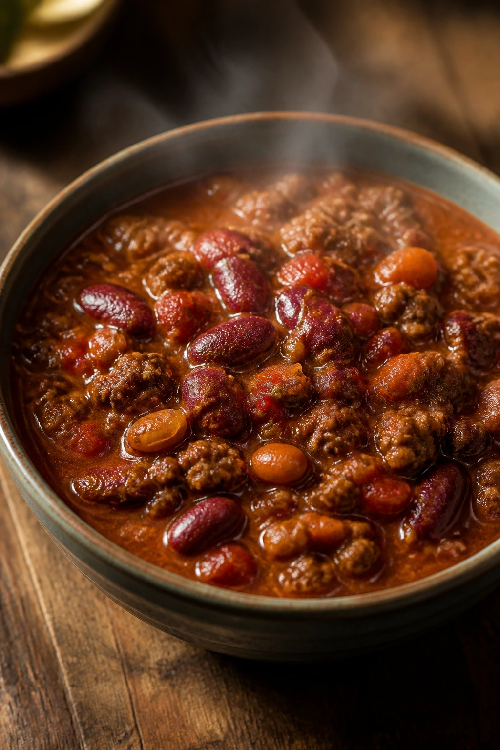 Steaming bowl of beef chili with beans