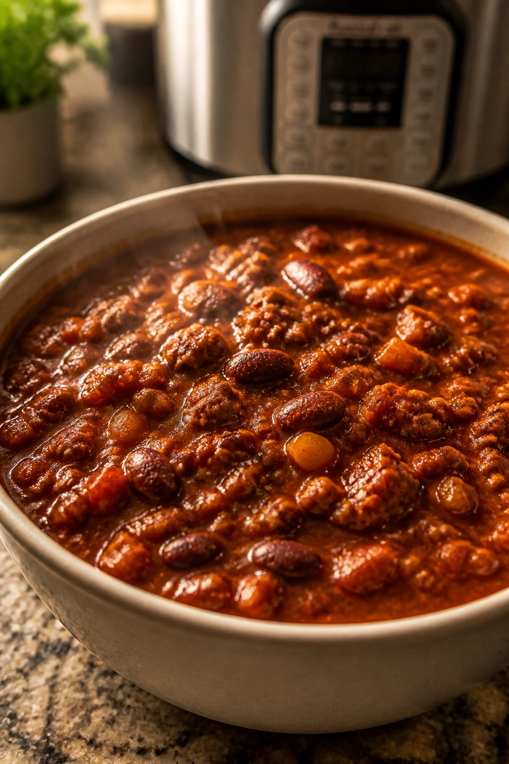 Close-up of hearty beef chili with beans in a cozy kitchen setting