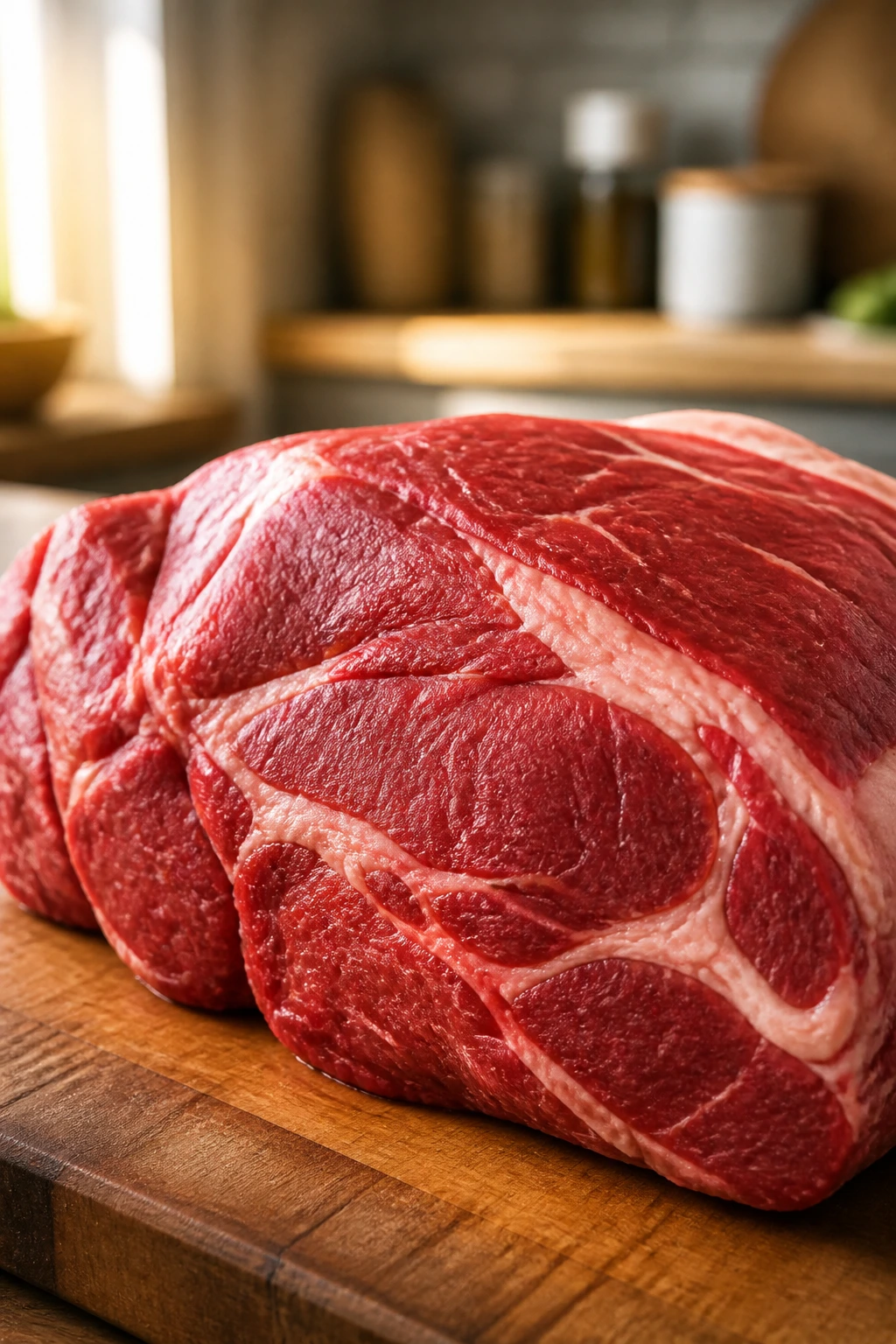 Beef chuck roast on cutting board in warm kitchen