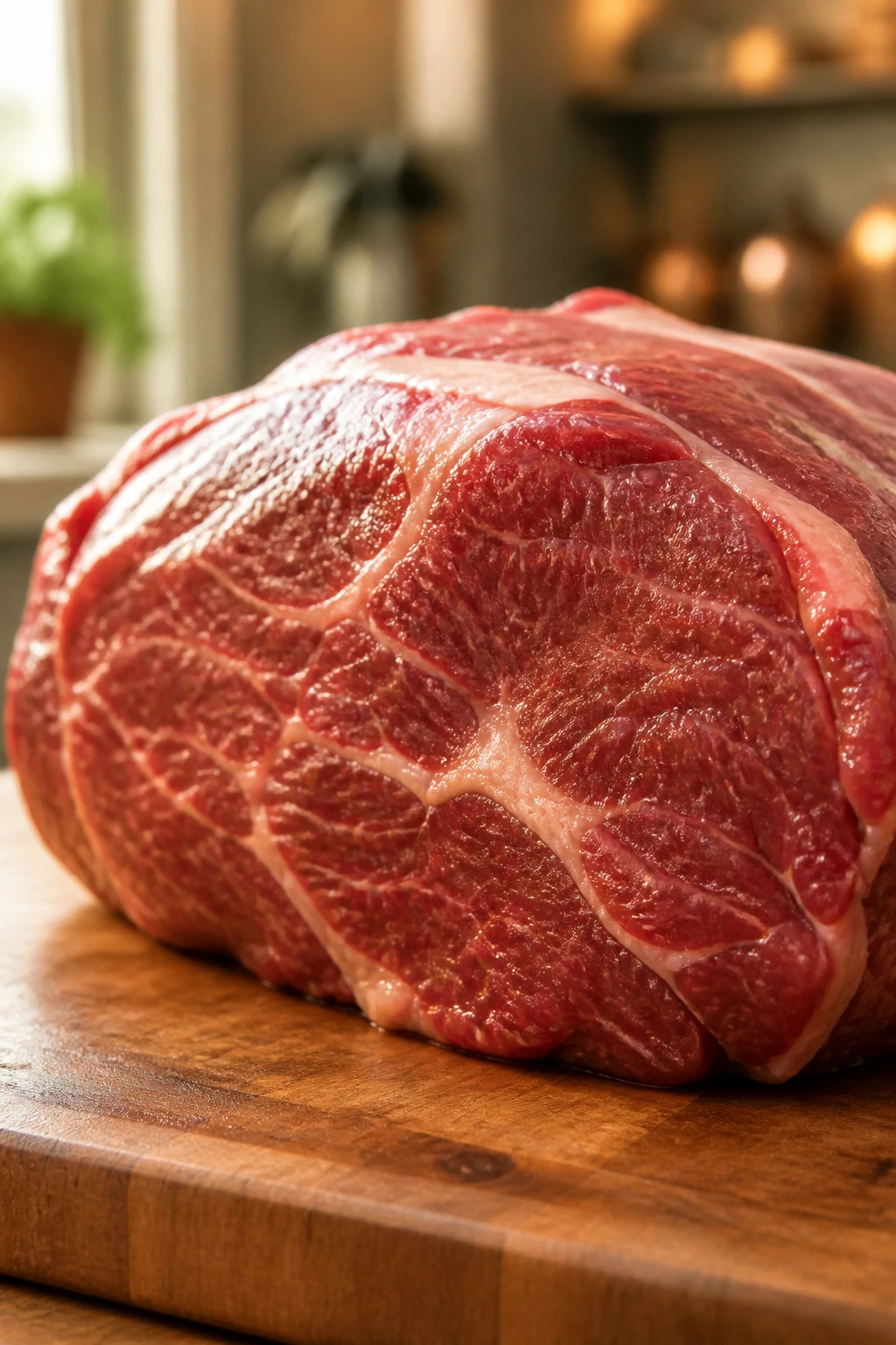 Close-up of beef chuck roast with marbling on a cutting board