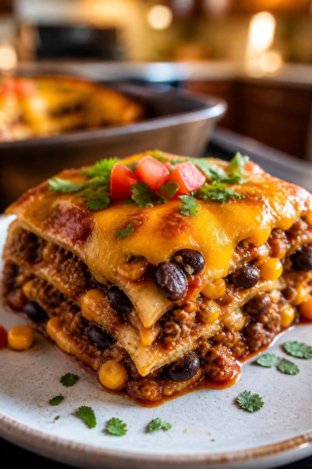 Close-up of beef enchilada bake slice with cheese and sauce