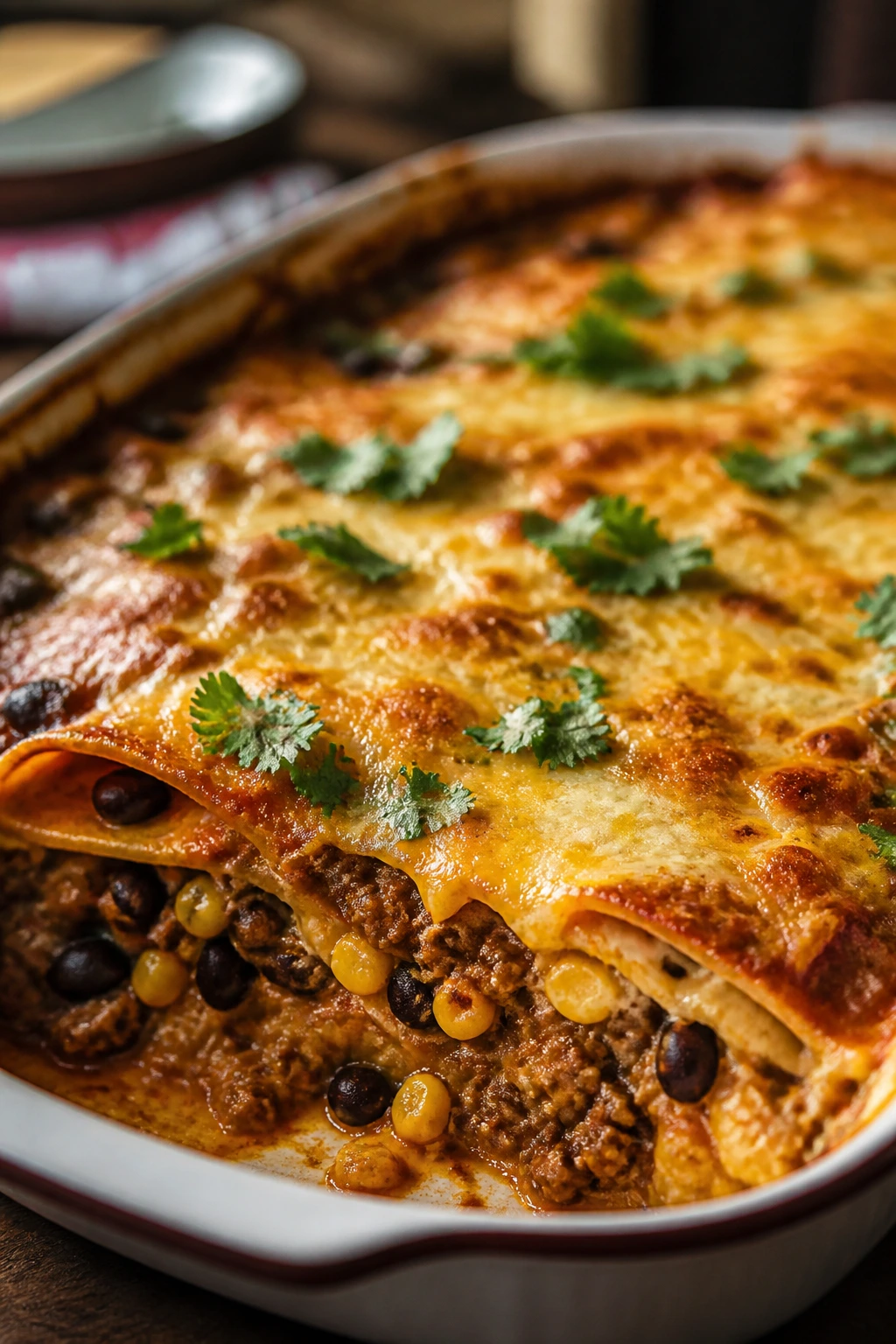 Beef and black bean enchilada casserole bubbling in a baking dish