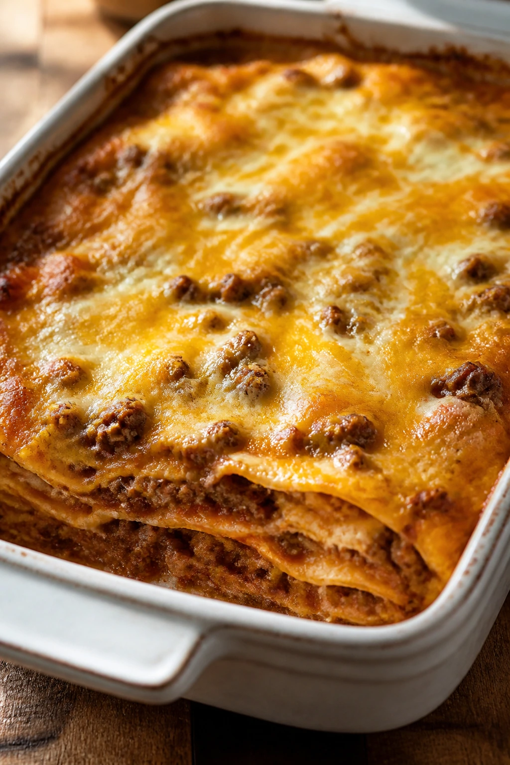 Close-up of beef and cheese enchilada casserole with melted cheese in a baking dish