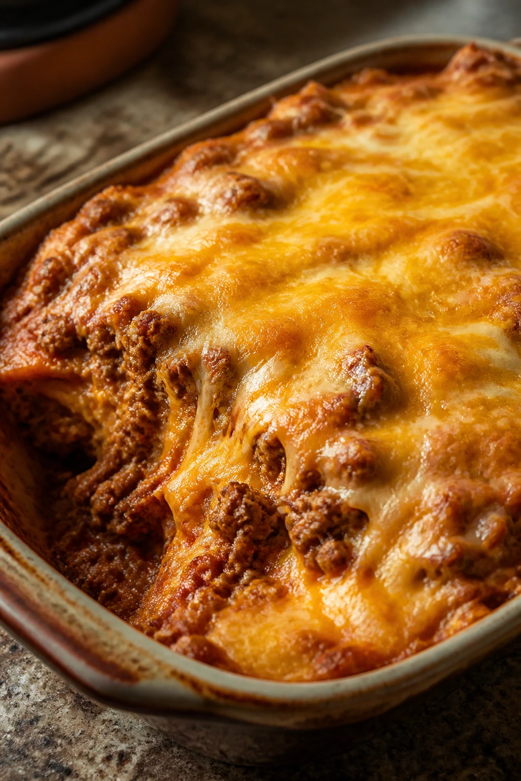 Close-up of layered beef enchilada casserole with melted cheese in a baking dish